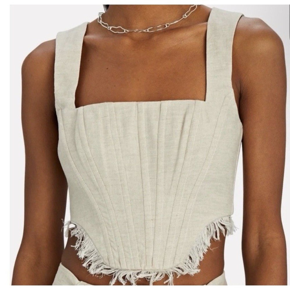 Staud Women Size 2 Triton Linen Front Pleat Corset Top Frayed Fringe Hem Natural